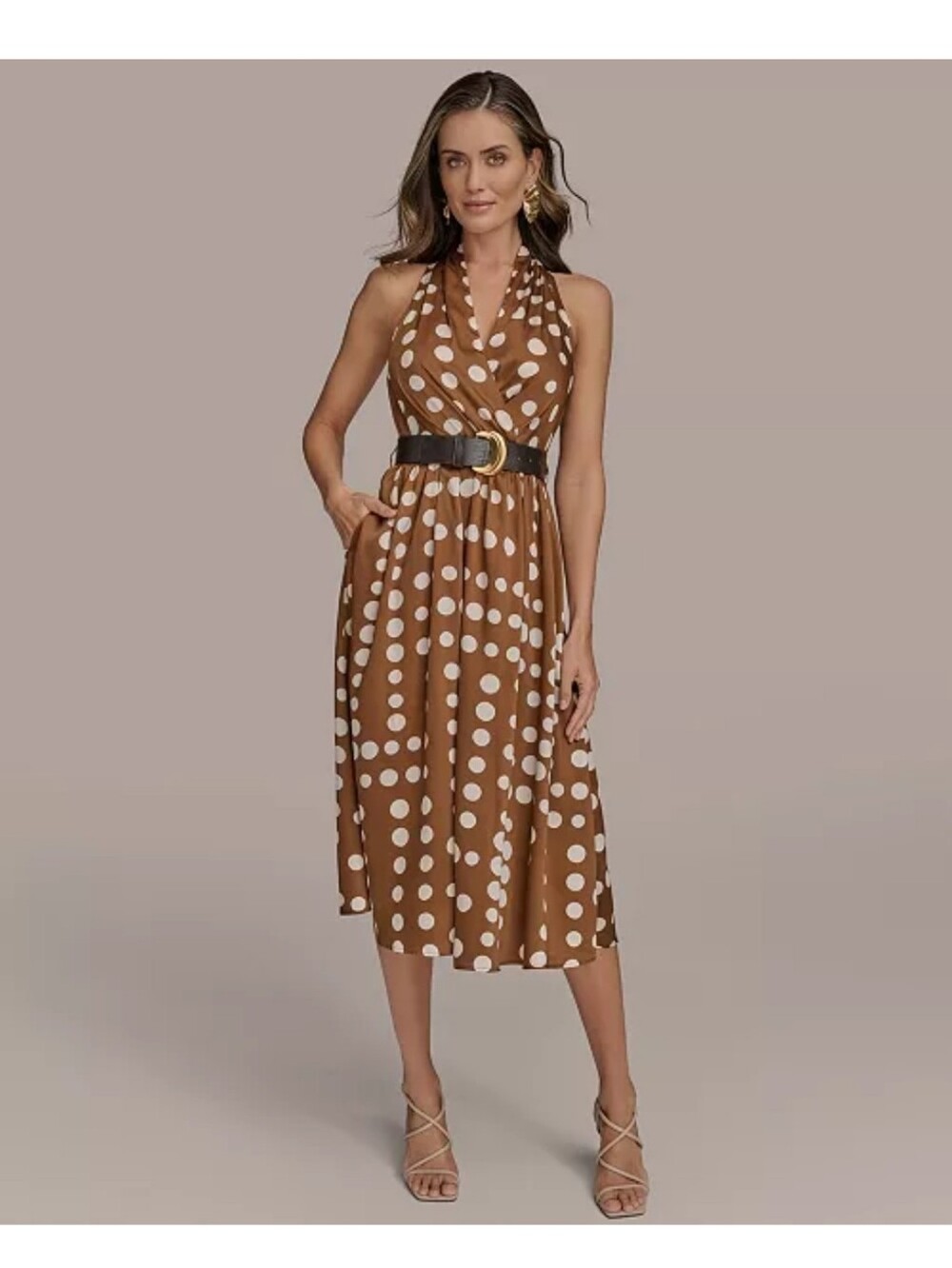 Donna Karan New York NWT Size 14 Brown Polka Dot Belted Maxi Dress $149 Party